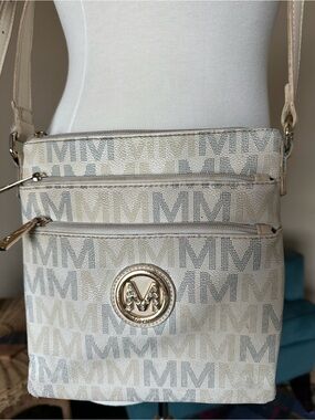 Milan Monogram M Triple Zip Crossbody Bag Cream White Rhinestone Crystal Logo